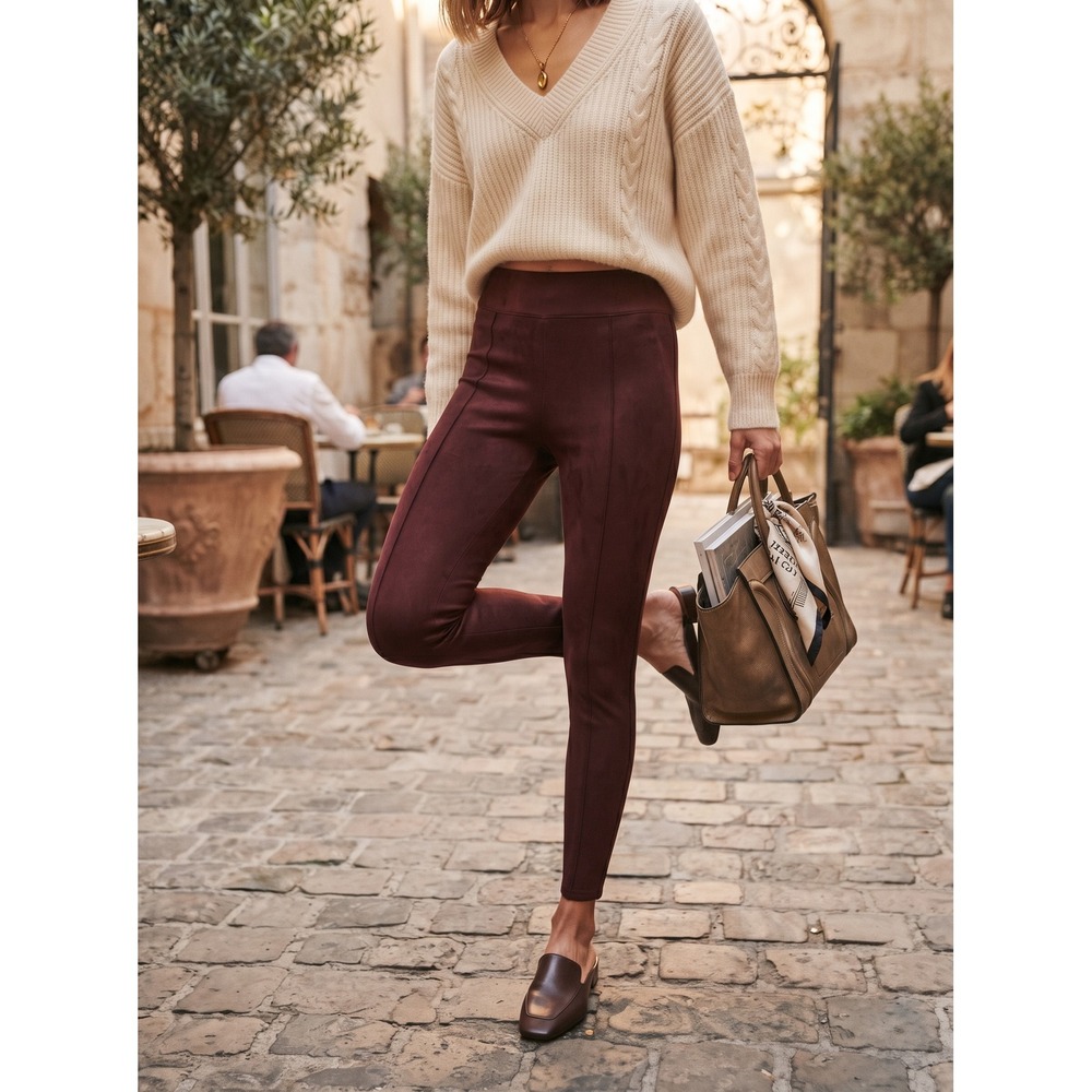 NWT Spanx High Waisted Faux Suede Leggings Dark Terracotta Burgundy Size L